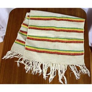 VINTAGE HANDWOVEN NATURAL WOOL GREEN RED STRIPED DRESSER SCARF TABLE RUNNER